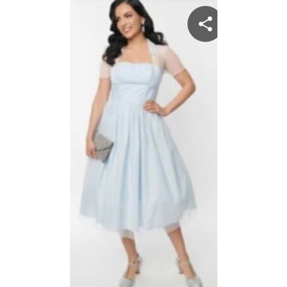Unique Vintage Light Blue Swing Dress Tulle 1950s Dress Pin Up Rockabilly Sz L - Picture 3 of 9